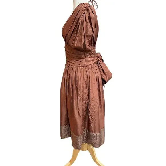 BCBGmaxazria Silk Dress Womens 6 Brown Pleated Sash Fit Flare Midi Greek Goddess - Picture 4 of 15